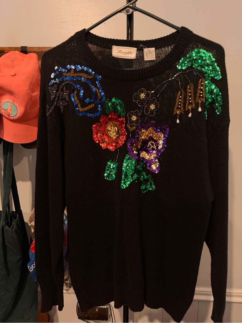Margules Black Sequin Floral Crewneck Sweater